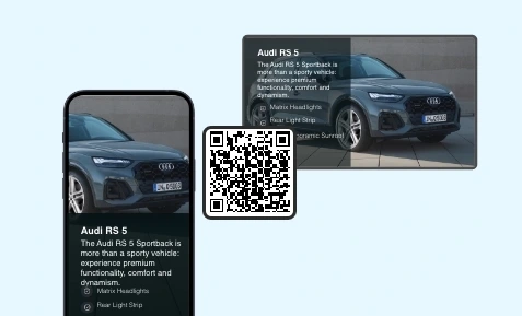 mobile phone kept in front of digital signage screen showing QR code to display car features on moblie