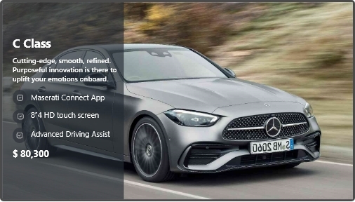 Car Dealership app preview screen showing car features on the left and car image as background
