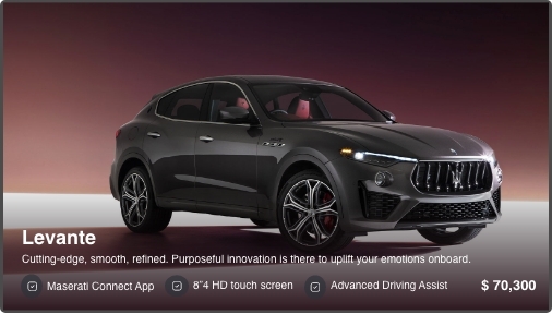 Car Dealership app preview screen showing car features on the bottom and car image as background