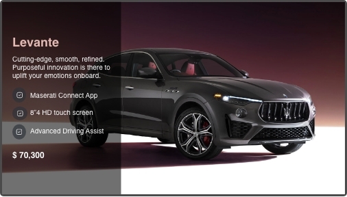 Car Dealership app preview screen showing car features on the left and car image as background