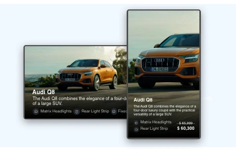 Car Dealership app layout preview showing app data fit into any layout and adjusts to screen size and orientation.