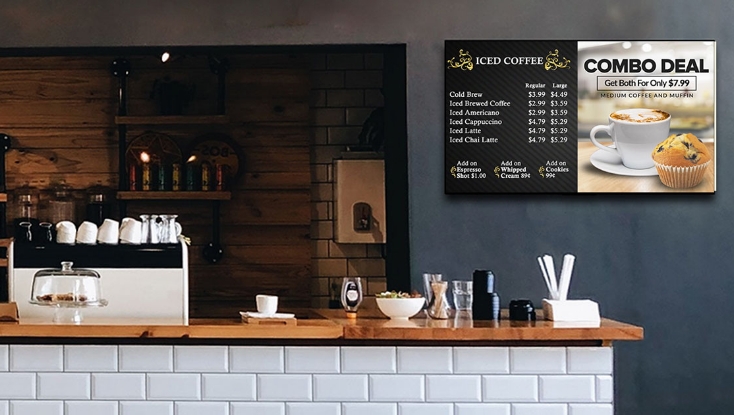 A cafe with digital menu boards showing the menu