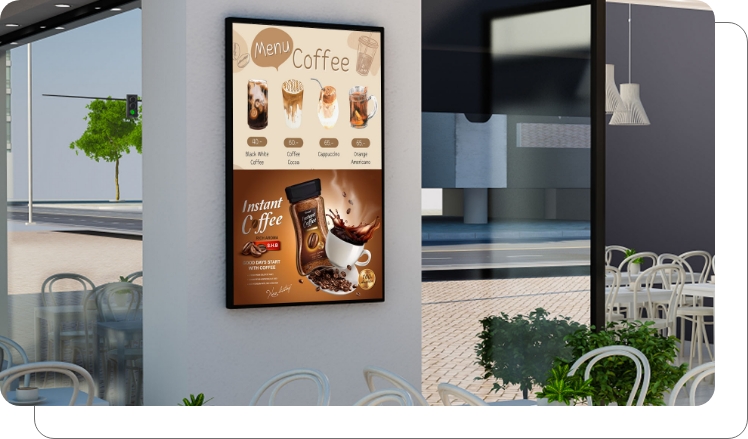 A digital menu board for a coffee shop running menu and ads simultaneousl