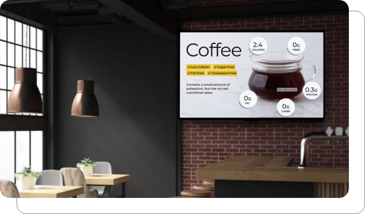 A digital menu board for a coffee shop showing nutritional information