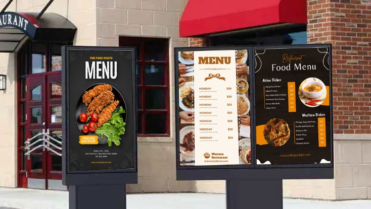 A digital drive-thru menu board showing various items available