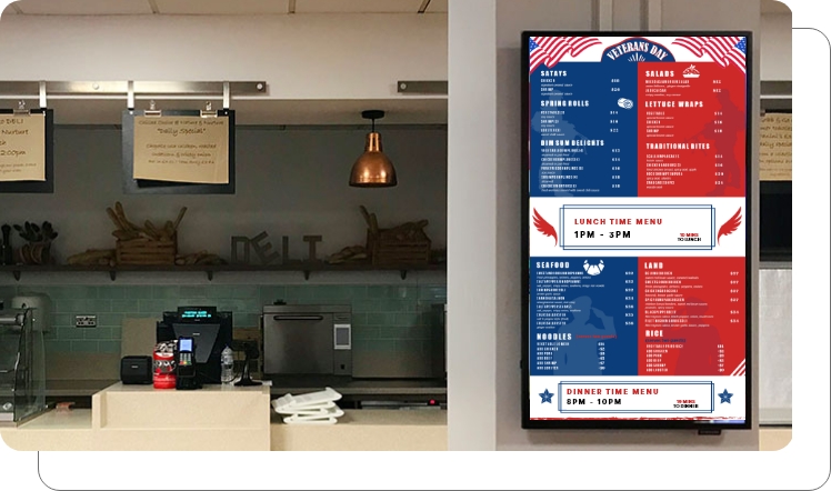 A digital menu board for a coffee shop showing nutritional information