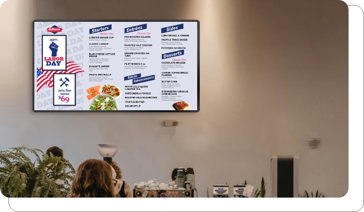 A digital menu board for a coffee shop running menu and ads simultaneousl