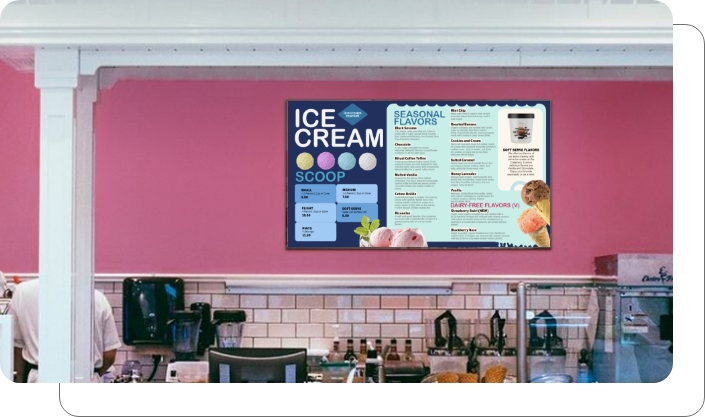 A digital menu board for a coffee shop showing customization options