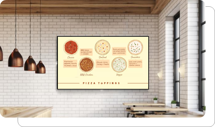 A digital menu board for a coffee shop showing customization options