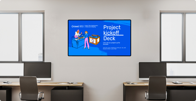 An office digital signage screen announcing a new project