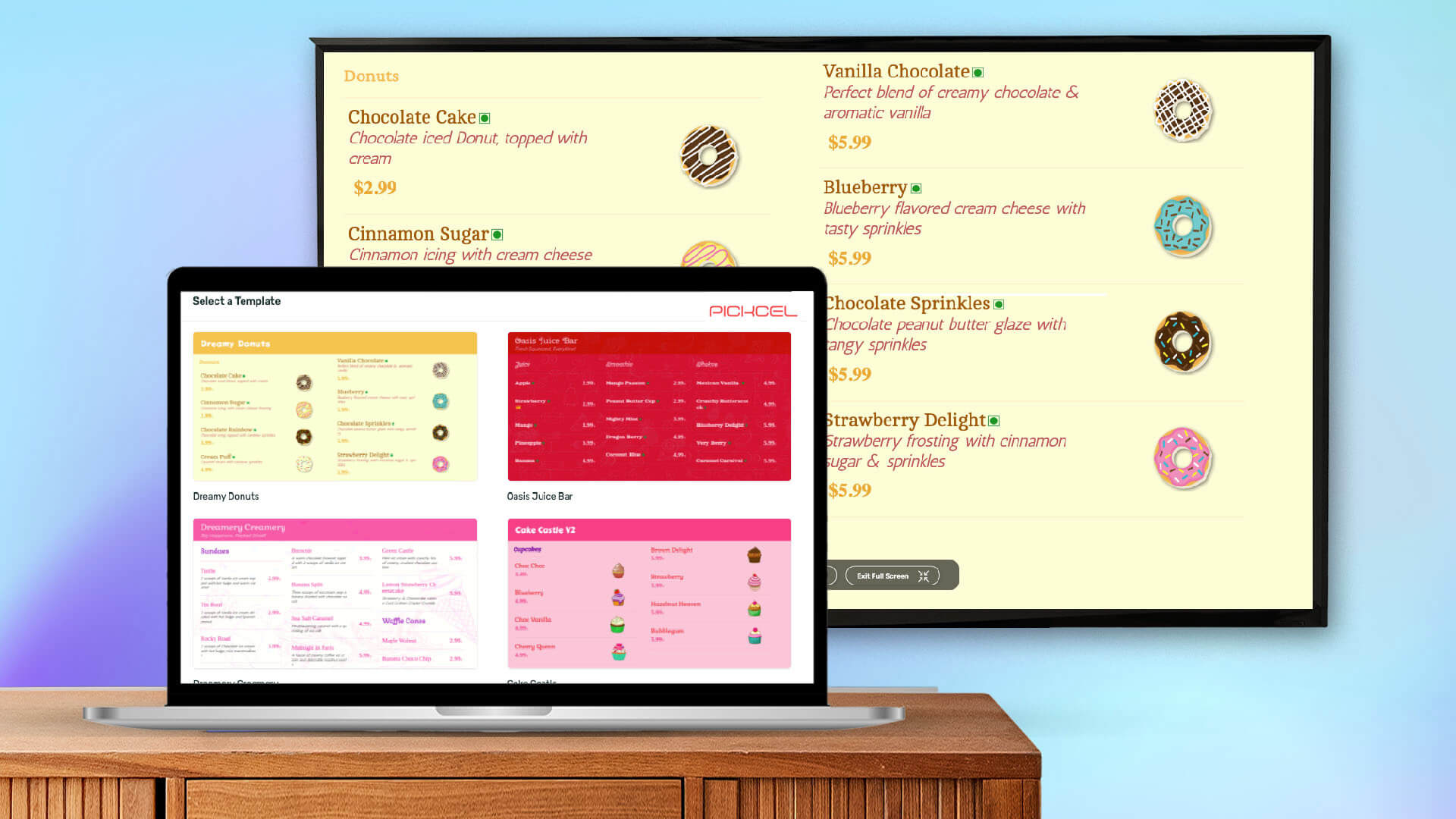 a laptop screen shows the pickcel menu app interface; the same menu is displayed on a digital menu board in the background