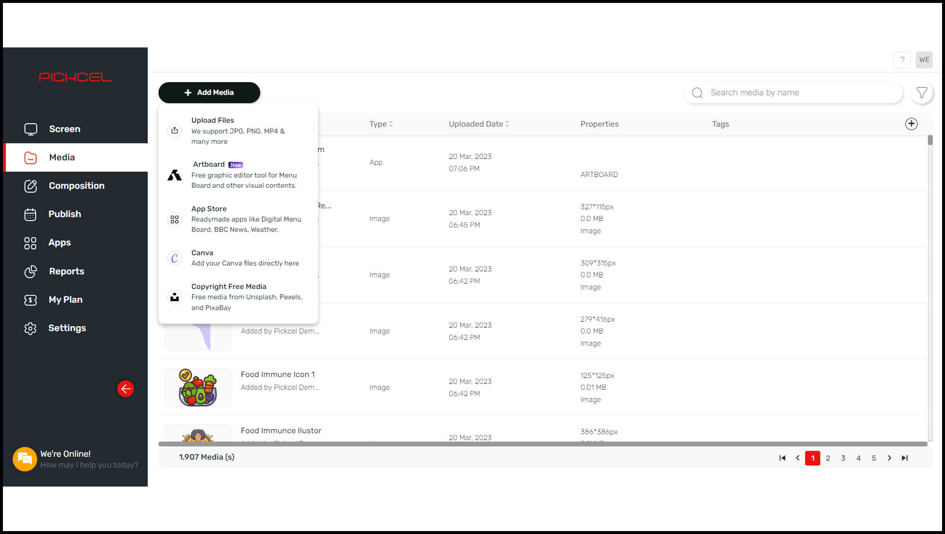 A screenshot of the Pickcel digital TV menu software dashboard shows different options to add/create media