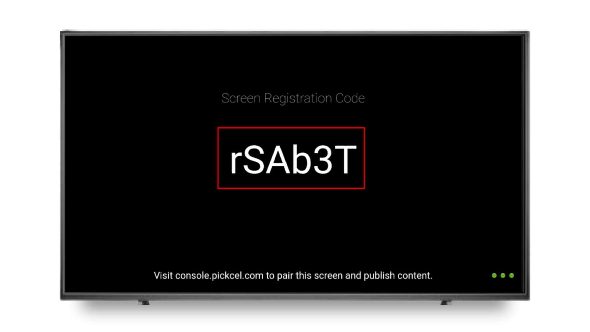 A restaurant digital menu TV shows the Pickcel screen registration code for remote screen pairing