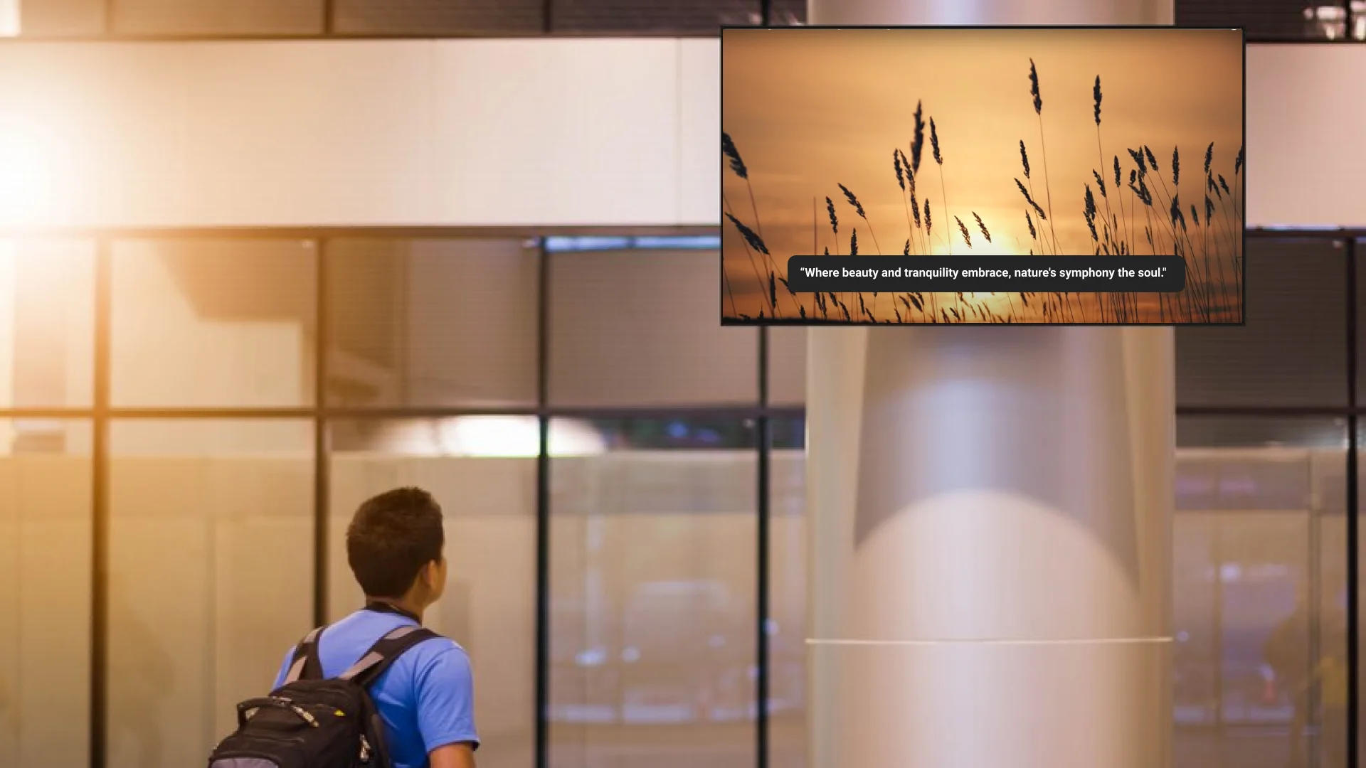 A boy looking at a digital display showing closed captions for video content.