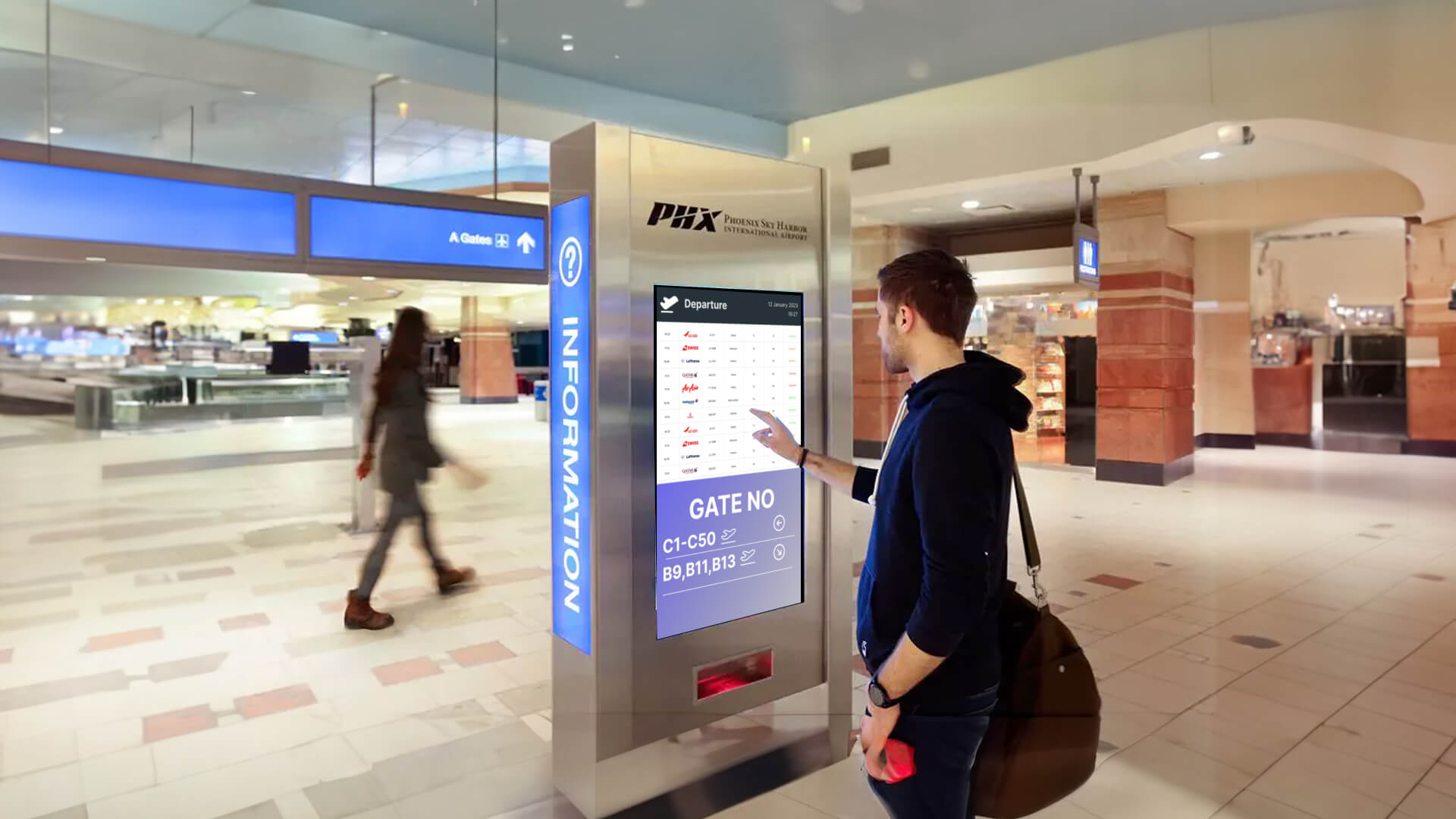  an airport wayfinding screen showing directions to a boarding gate