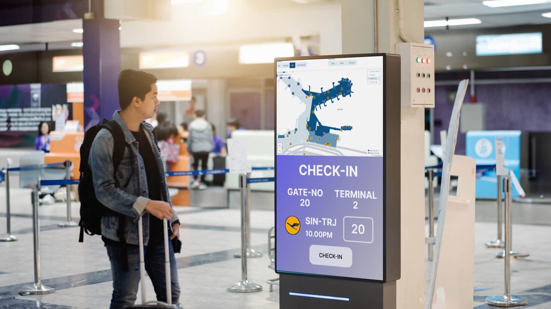  An airport wayfinding screen showing simple check-in details