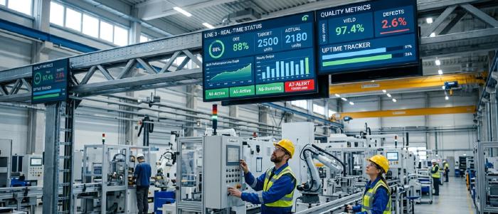 Digital andon board display showing production line status, OEE metrics, and real-time alerts on a factory floor screen
