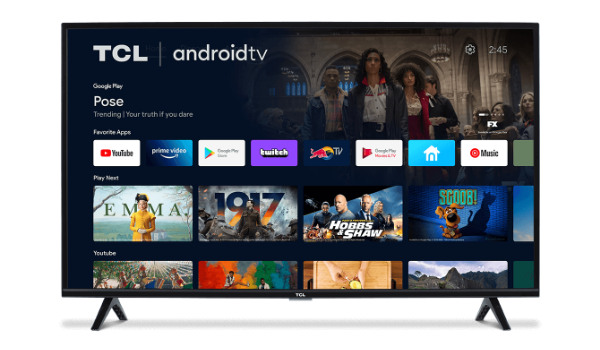 The home screen of a TCL series 3 Android smart TV shows a list of content like movies, music and live TVs.