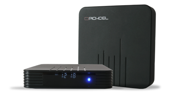 The stylish black Pickcel PX 300 Android box media for powering any digital signage display. The front LCD screen shows a blue power light.