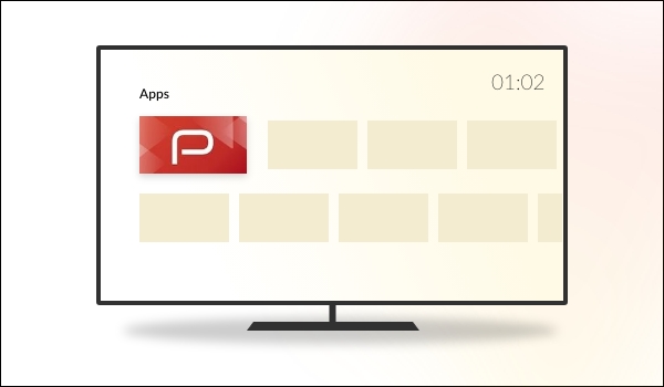 An illustration of an Android TV screen showing the Pickcel digital signage app