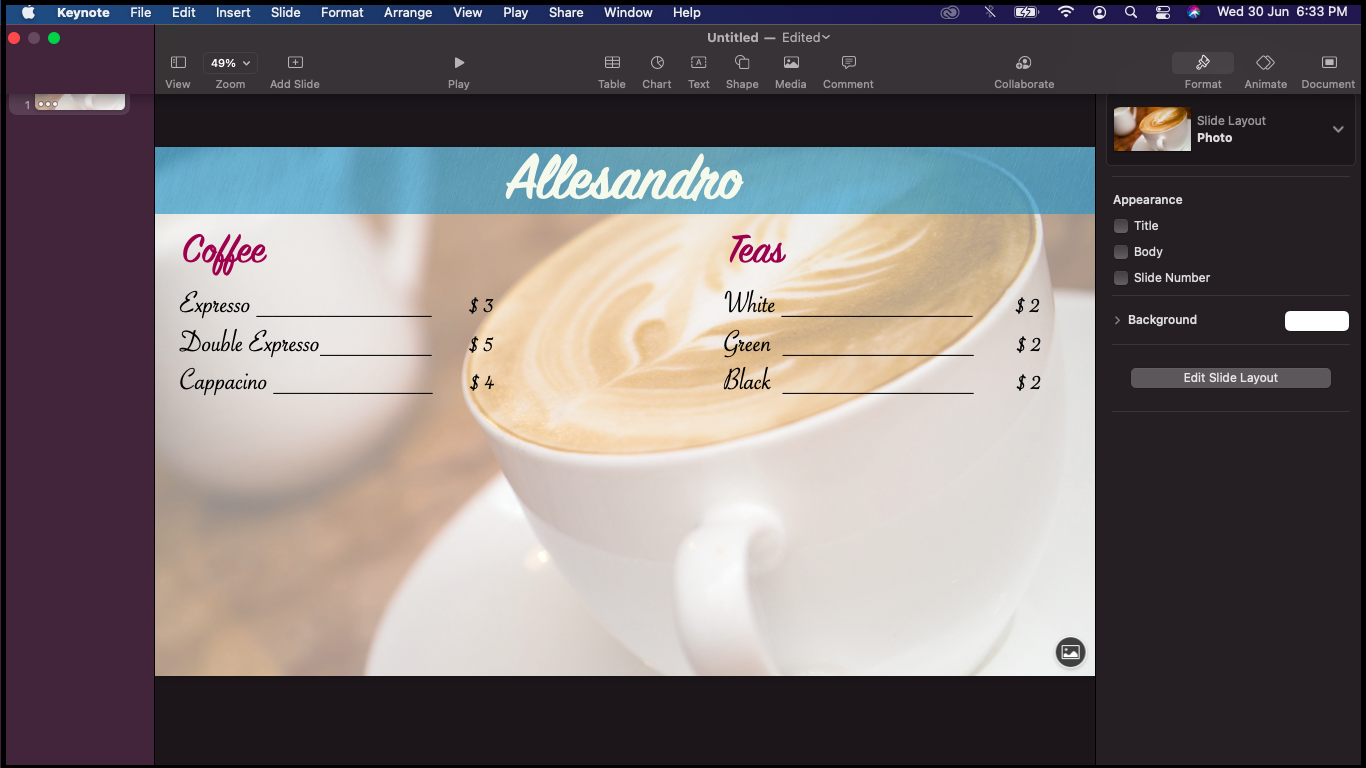 screenshot from Apple Keynote showing recipe themed menu design