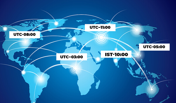 Illustration showing how the scheduling feature of digital signage software can help businesses streamline global internal communication