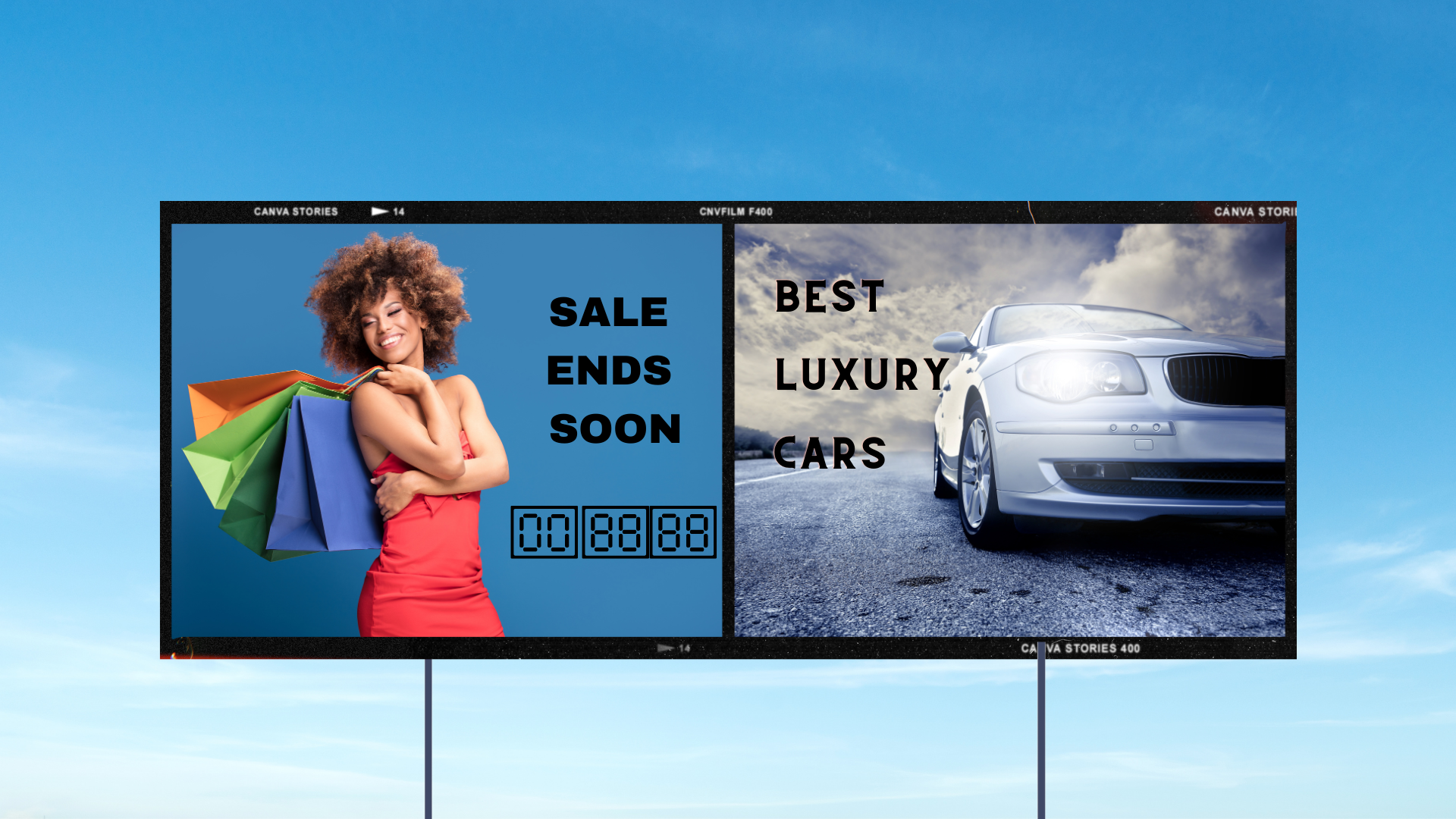 A tall outdoor digital signage partially obscures the clear blue sky. The digital signage is made of two screens: the screen on the left shows a smiling woman in a red dress carrying colorful shopping bags. Besides the figure, is the text ‘Sale Ends Soon’ and a digital countdown clock showing 00:88:88. The screen on the right shows the image of the front of a steel-colored car on a road, and the text ‘Best Luxury Cars’.