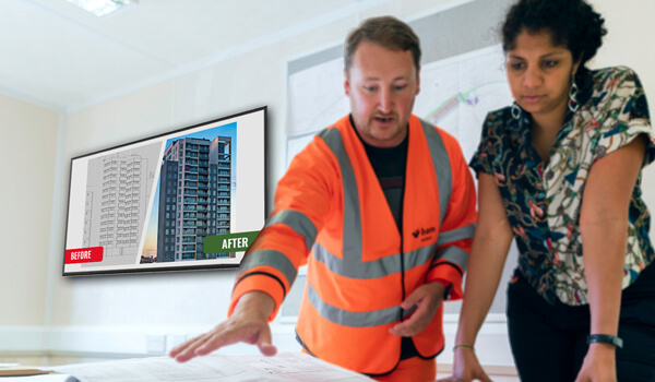 Two civil engineers discuss a project inside an office. In the background, a digital display shows the before & after images of a high rise building