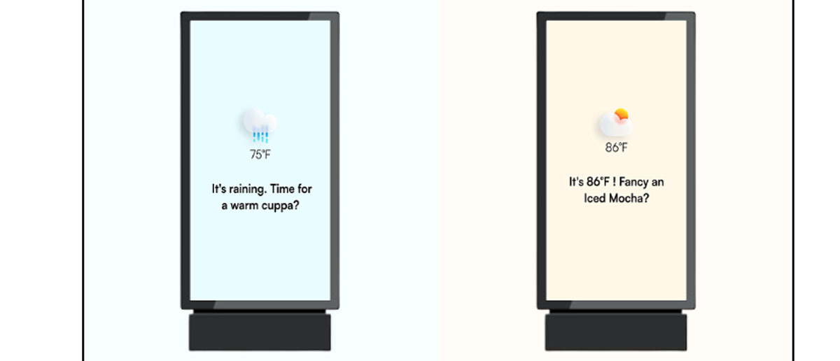 A drive-thru digital menu board showing weather-based suggestions