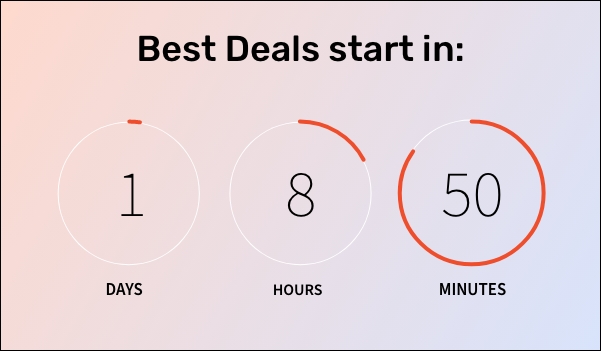 Countdown timer displays the best deal offer starts in 1 day 8 hours and 50 minutes