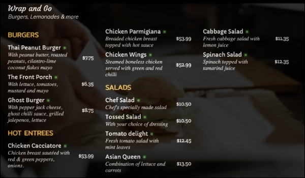 Menu of Wrap & Go cafe displays burgers, salads, and other food items with description & price