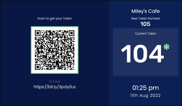 Current token number and the next token number for customers at Miley's Cafe shown on screen along with QR code for token download
