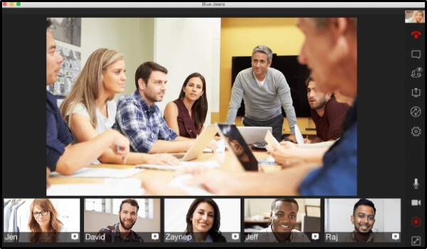 bluejeans conferencing application interface showing one screen with 8 internal team members and other 4 individual screens of clients having a conference