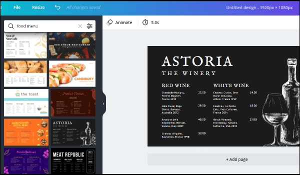screenshot from Canva showing winery themed menu design