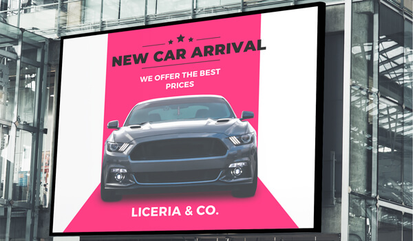 Car dealership Liceria & Co displays the announcement of the arrival of a brand new automobile on a giant outdoor digital signage