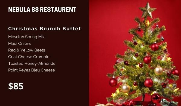christmas themed buffet menu template of Nebula 88 Restaurant showing food options like Mesclun Spring Mix, Maui Onions, Red & yellow, etc.