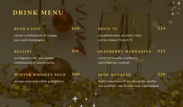 christmas themed drinks menu template showing drinks options like Buck's Fizz, Bellini, Spice 75, etc.