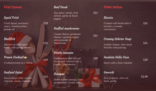 christmas themed Lunch menu template showing food options like Squid Fritti, Shellfish, Beef steak, etc.