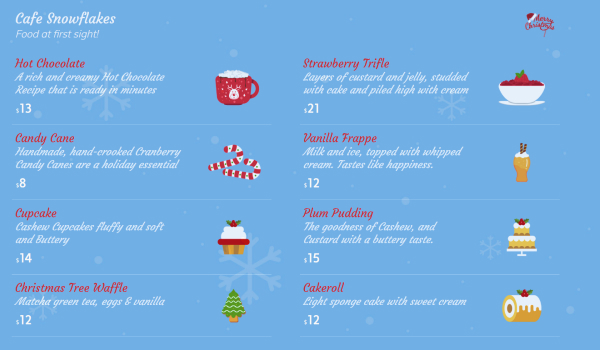 christmas themed party menu template of Cafe snowflakes showing food options like Hot chocolate, candy cane, cupcake, etc.