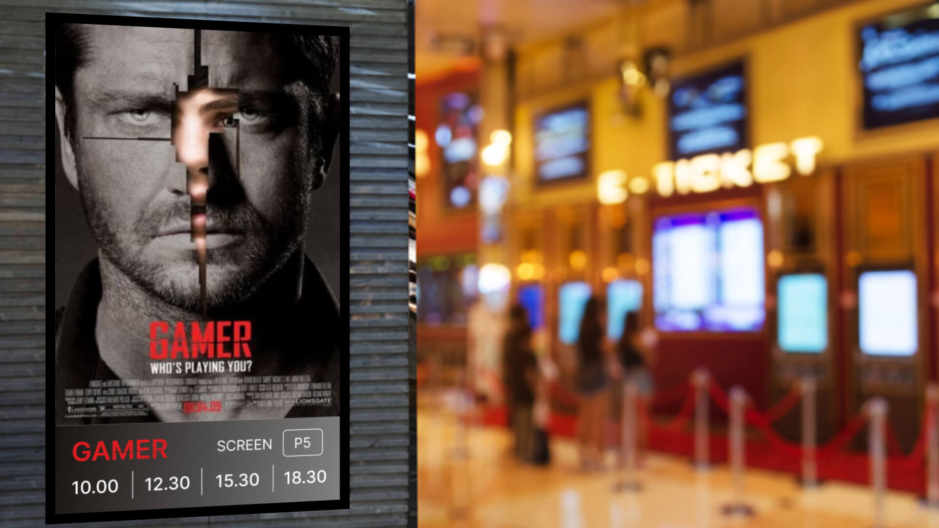 Digital signage screen showing movie timings and trailers.