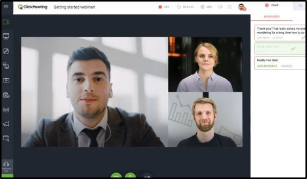 clickmeeting video and audio conferencing app interface with 3 members in a webinar. chat option showing questions from participants