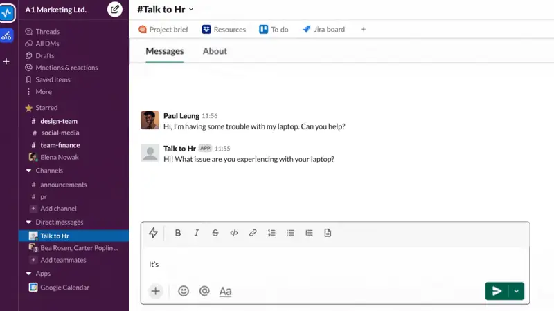 AI chatbot integrated to slack for quick HR queries.