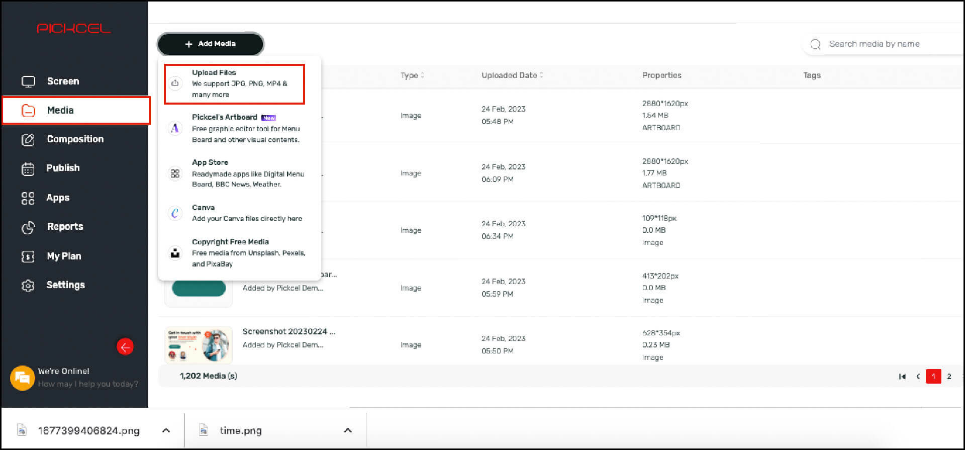 Pickcel console media add process