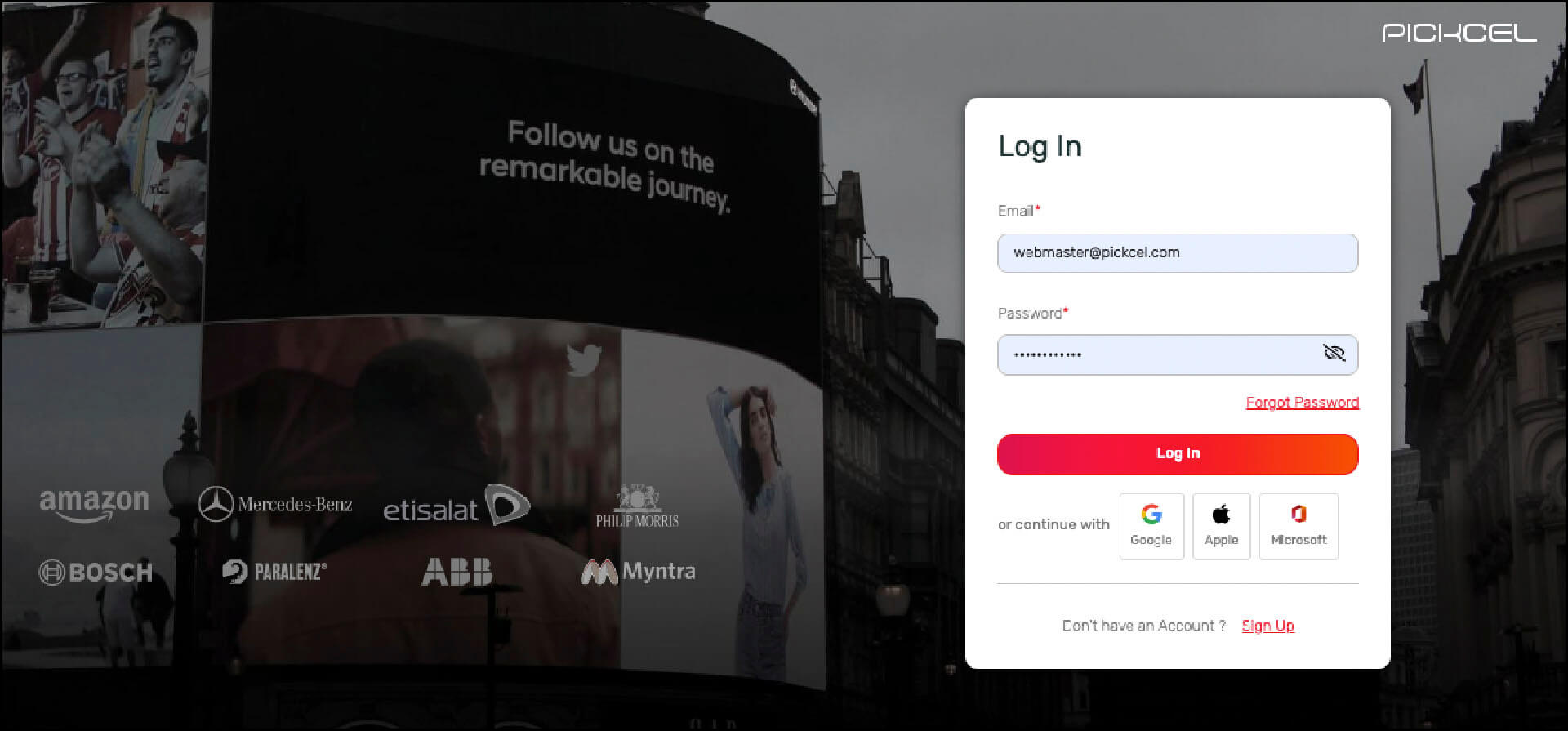 Pickcel console log in page