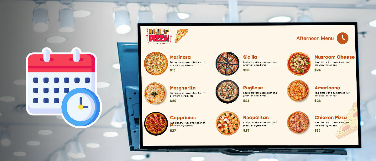 A scheduler icon is presented next to a digital menu board, suggesting menu dayparting