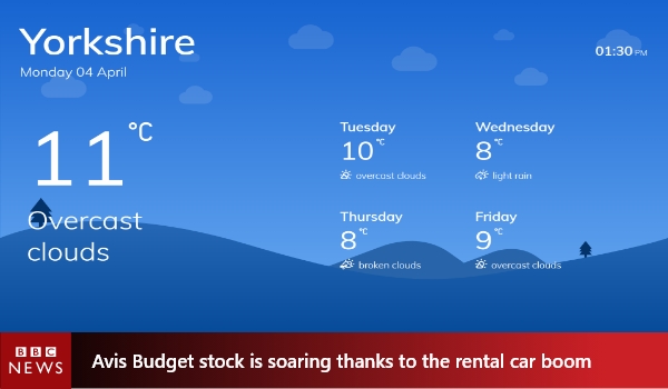 Pickcel template for easy composition with two zones - weather app in landscape mode and BBC news in the footer section