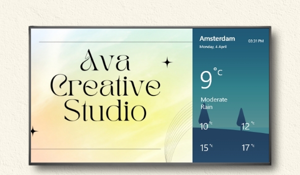 The brand logo image and weather app (in vertical layout) shown together on digital screen