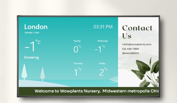 A three-zone layout presented on digital screen that consists of Weather app and brand information
