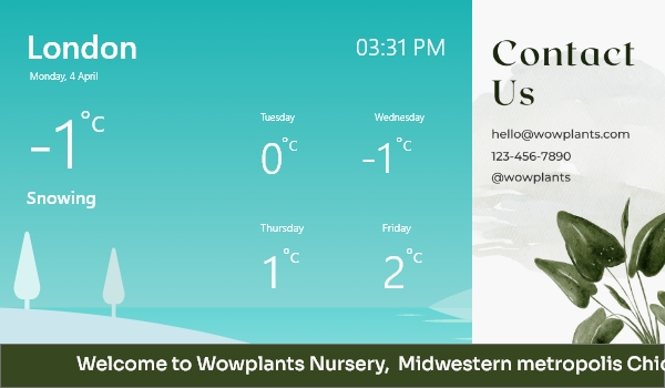 The Pickcel app showing snowy weather condition with 4-day forecast, together with brand information divided in 2 zones (vertical and footer)