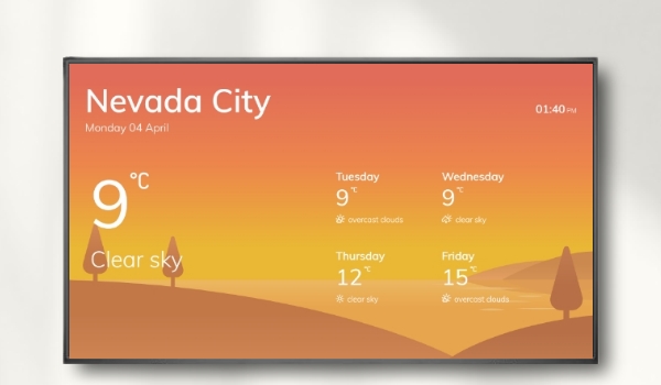 Full screen display of Pickcel Weather app on digital signage